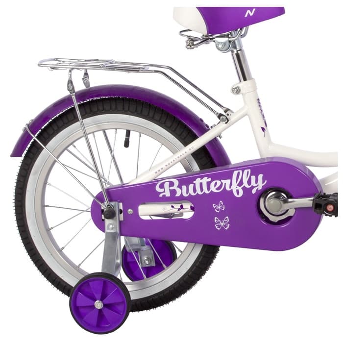 Велосипед детский Novatrack BUTTERFLY, диаметр колёс 16", со съёмными колёсами, с корзиной, белый, фиолетовый