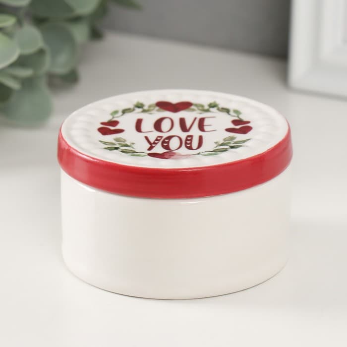 Шкатулка для украшений «Растительный венок с сердцами love you», керамика, 7.5×7.5×4.5 см