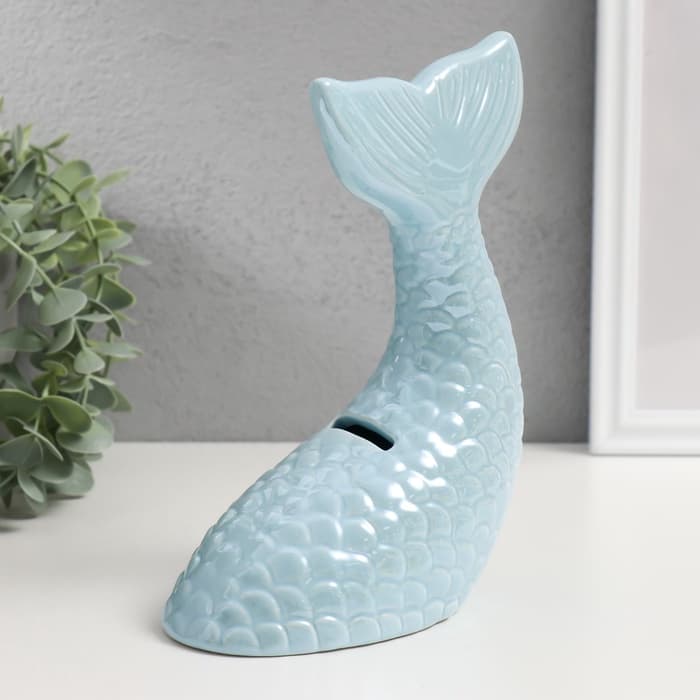 Копилка для денег «Хвост русалки», керамика, голубой перламутр, 16×9×18.8 см