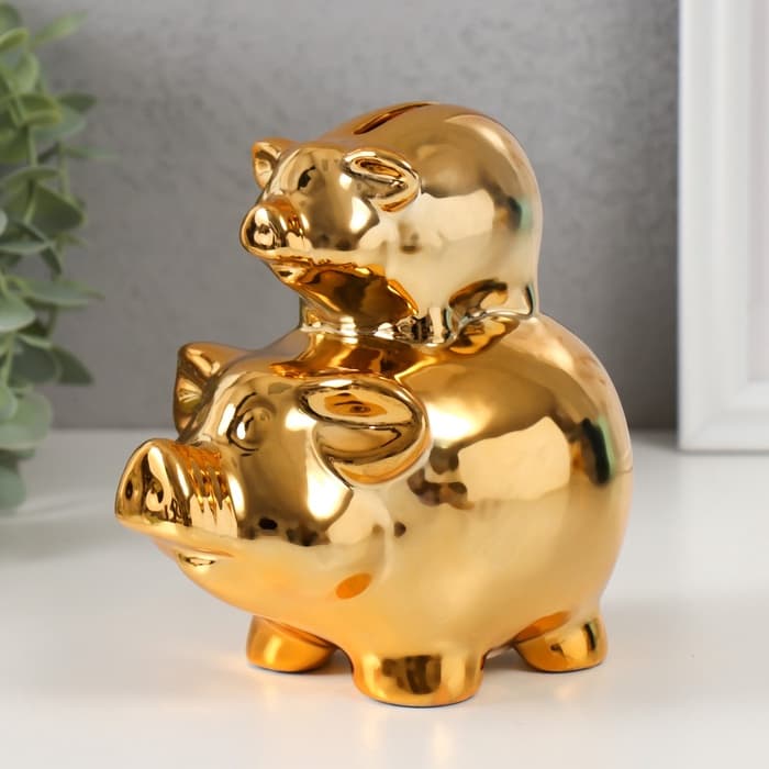 Копилка для денег «Две золотые свинки - пирамида», керамика, 12.5×8×14 см
