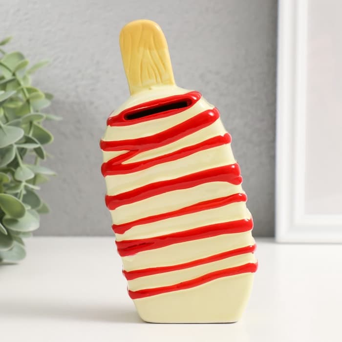 Копилка для денег «Подтаявшее эскимо», керамика, красные полоски, 8.2×3.8×15.5 см