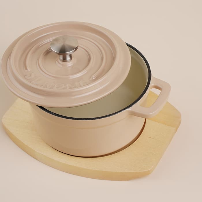 Кастрюля SL Home «Андалусия», 750 мл, d=14 см, h=7 см, с крышкой, на деревянной подставке, эмалированное покрытие, индукция, чугун, бежевая