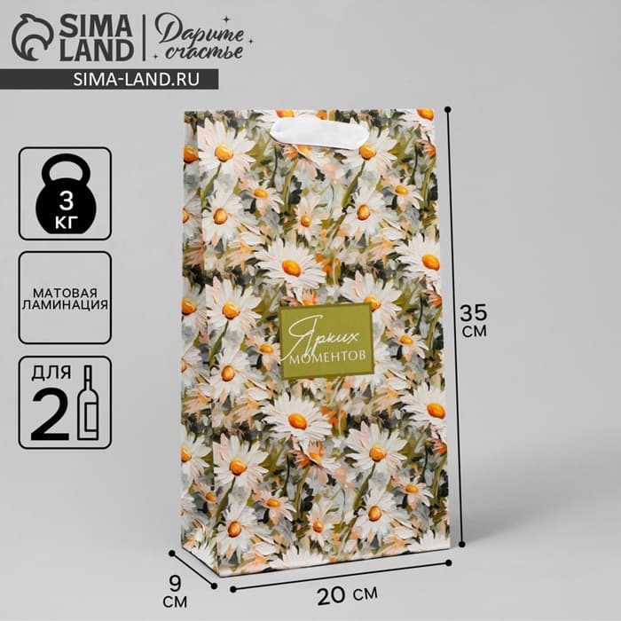 Пакет подарочный под две бутылки, упаковка, «Яркие моменты», 35×20×9 см