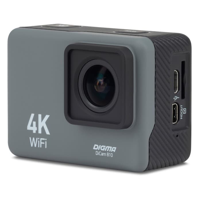 Экшн-камера Digma DiCam 810, 3840х2160 - 60 fps, 900 мАч, microSD, аквабокс + набор креплений, серая