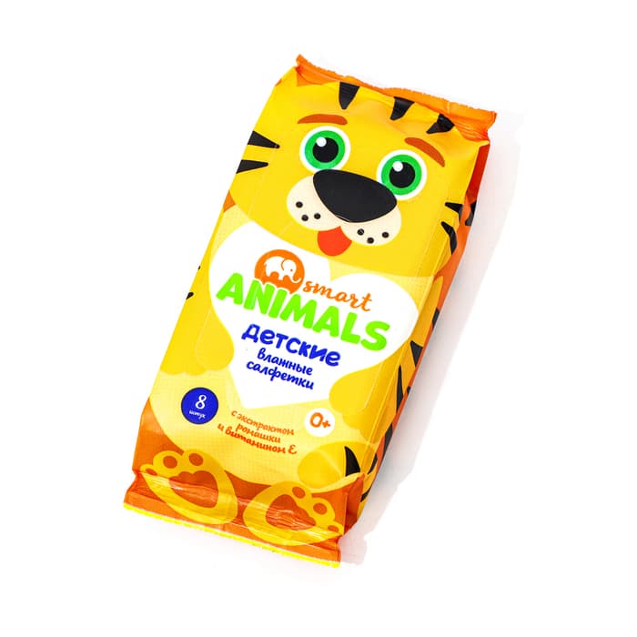 Влажные салфетки детские Smart Animals, с ромашкой и витамином Е, 8 шт., МИКС