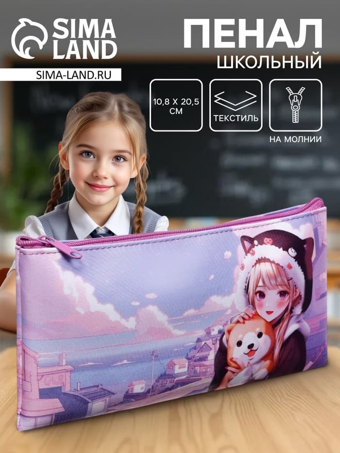 Пенал школьный, текстиль, плоский, 10.8×20.5 см «Аниме. друзья»