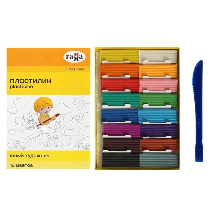 Пластилин «Гамма. Юный художник», 16 цветов, 224 г, со стеком, картонная упаковка
