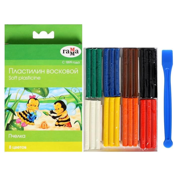 Пластилин мягкий (восковой), 8 цветов, 120 г, Гамма «Пчелка», со стеком