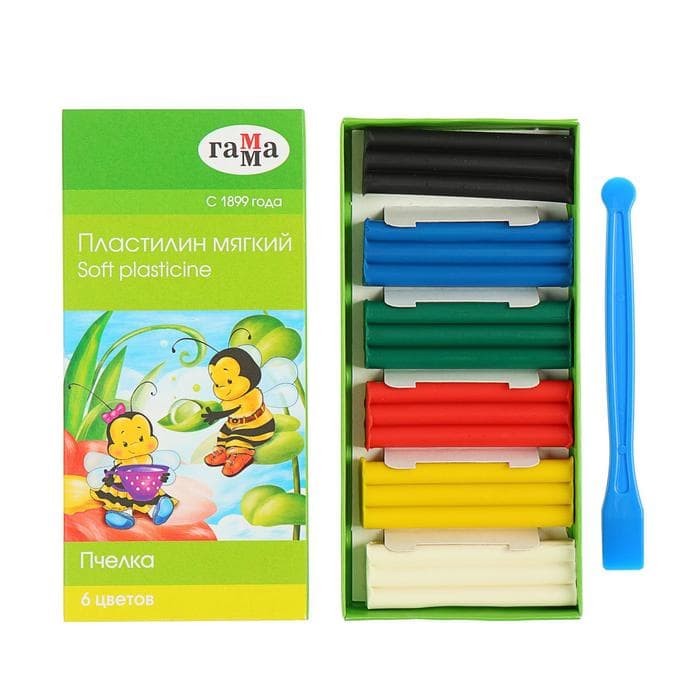 Пластилин мягкий (восковой) 6 цветов 90 г Гамма «Пчелка», со стеком, картонная упаковка 280029Н