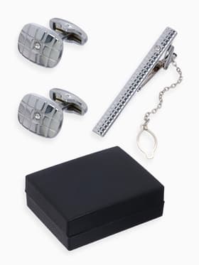 Набор мужской стальной «Запонки + Зажим для галстука», клетки, белый в серебре