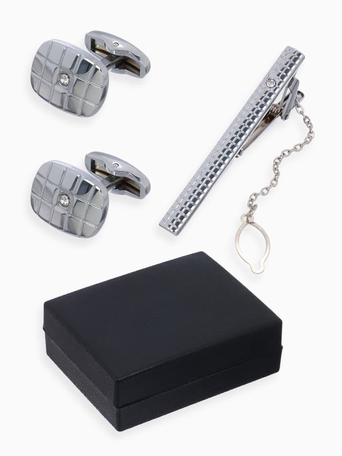 Набор мужской стальной «Запонки + Зажим для галстука», клетки, белый в серебре