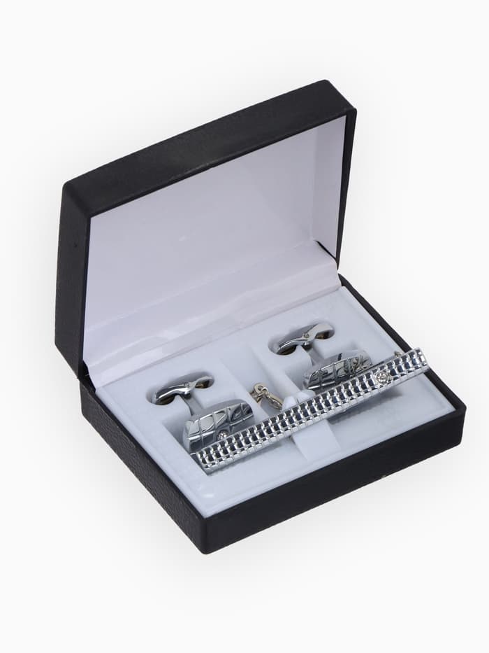 Набор мужской стальной «Запонки + Зажим для галстука», клетки, белый в серебре