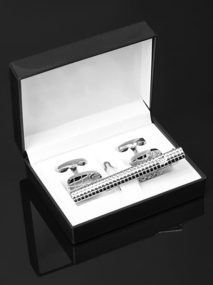 Набор мужской стальной «Запонки + Зажим для галстука», клетки, белый в серебре