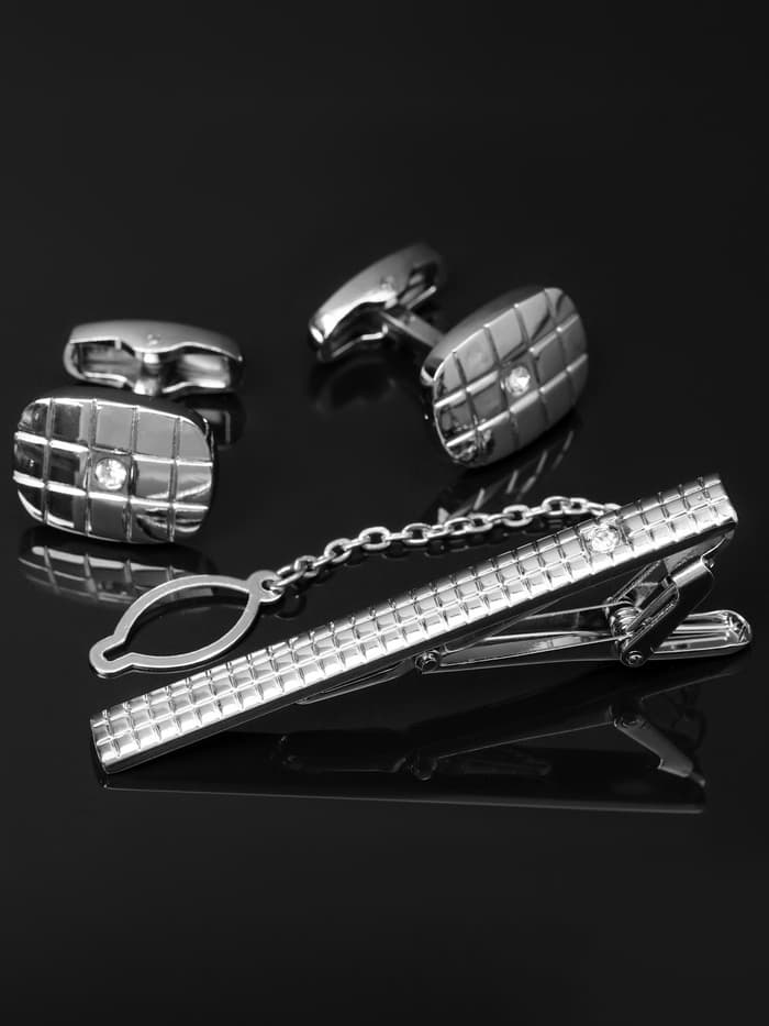 Набор мужской стальной «Запонки + Зажим для галстука», клетки, белый в серебре