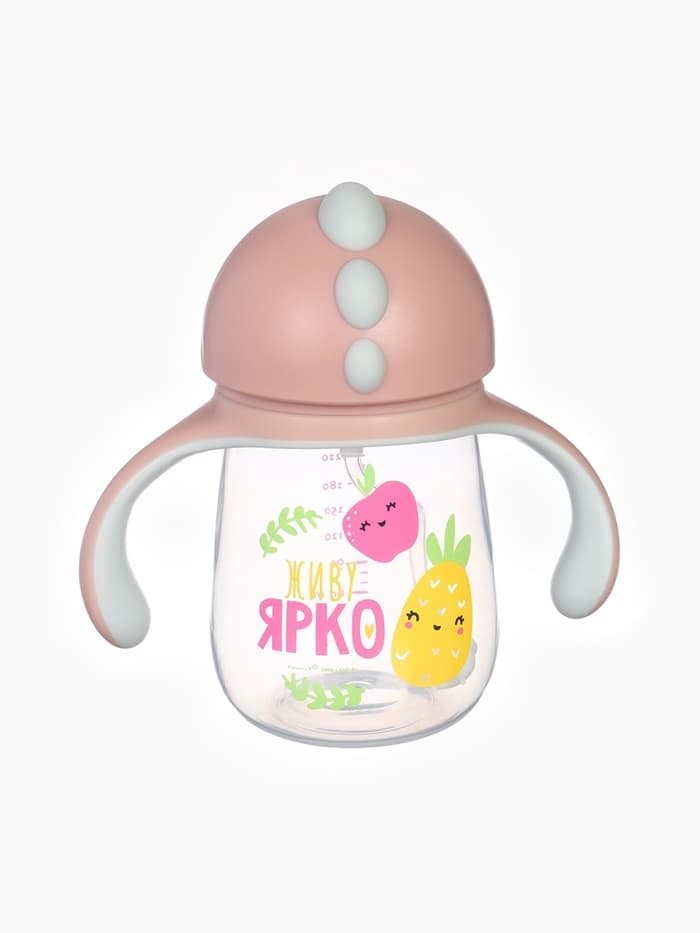 Поильник - непроливайка детский с силиконовой трубочкой «Фрукты», 260 мл., с ручками, розовый