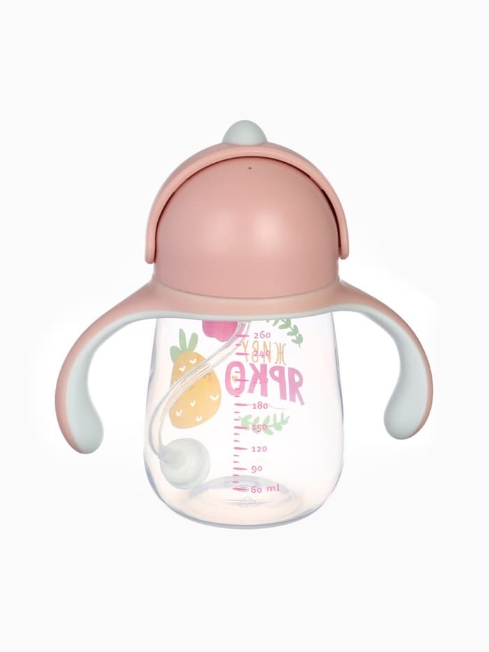 Поильник - непроливайка детский с силиконовой трубочкой «Фрукты», 260 мл., с ручками, розовый