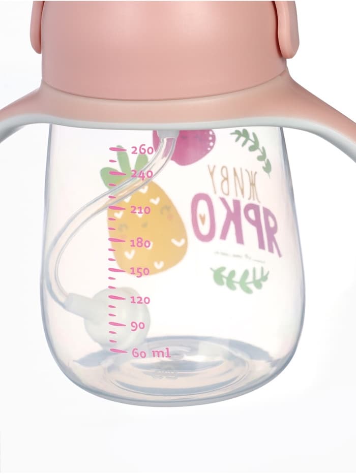 Поильник - непроливайка детский с силиконовой трубочкой «Фрукты», 260 мл., с ручками, розовый