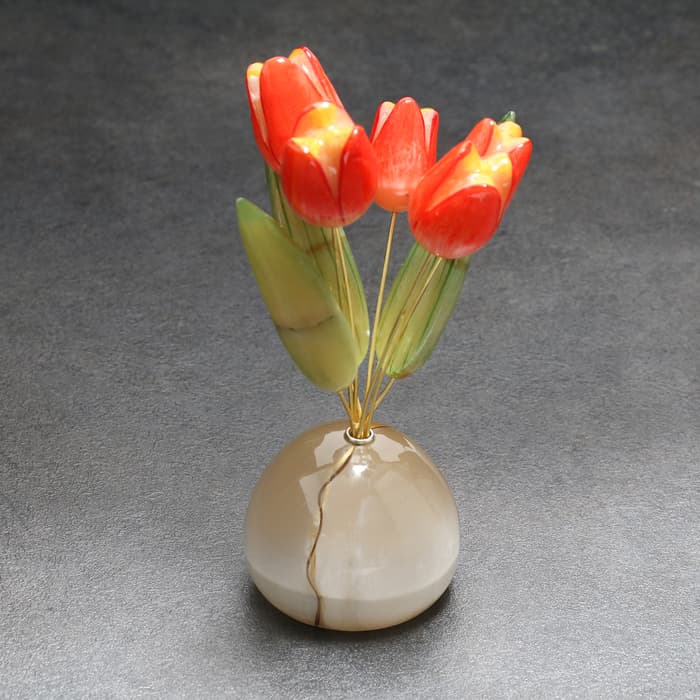 Фигурка «Тюльпаны красные в вазе», 5 цветков, круглая, селенит