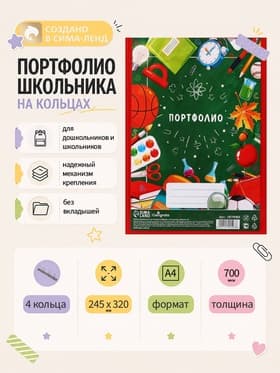 Папка-портфолио А4, Calligrata «Переменка», пластиковая, на 4 кольцах, для школьника, без вкладышей