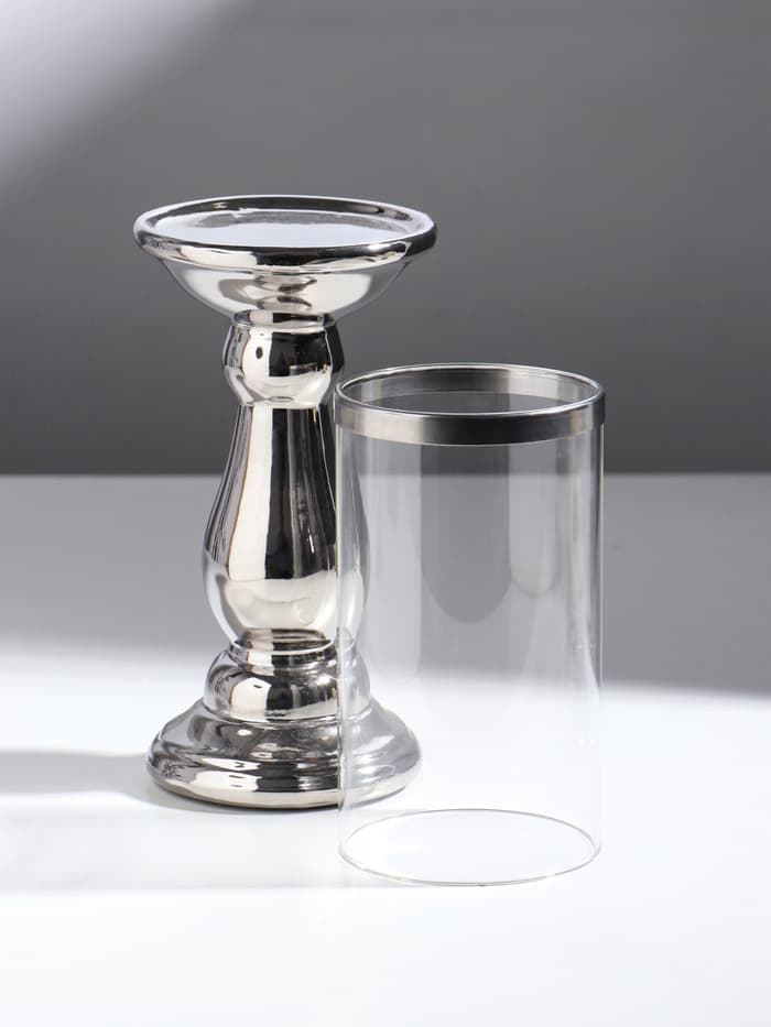 Подсвечник на 1 свечу «Магистр», керамика, стекло, d=8 см, серебро, 9.5×9.5×32 см