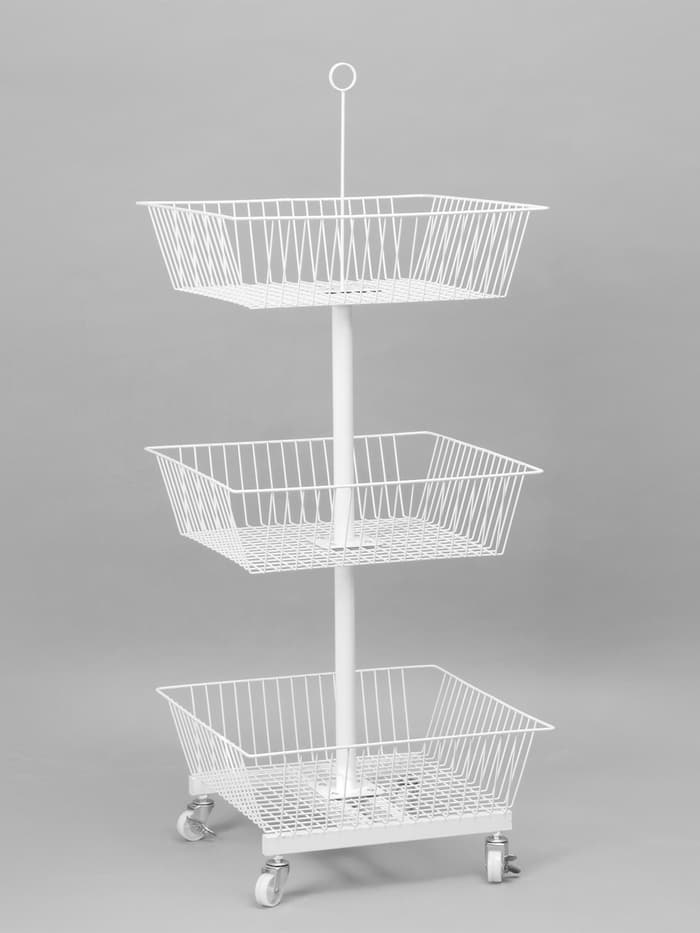 Стойка-накопитель разборный на колесах, 3 корзины, 50×50×128 см, белая