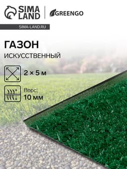 Газон искусственный в рулоне, ворс 10 мм, 2×5 м, зелёный, Greengo