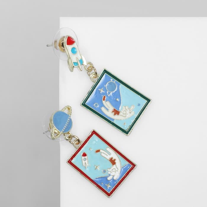 Серьги с эмалью «Космос» и коты, цвет бело-синий в золоте