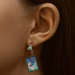 Серьги с эмалью «Космос» и коты, цвет бело-синий в золоте