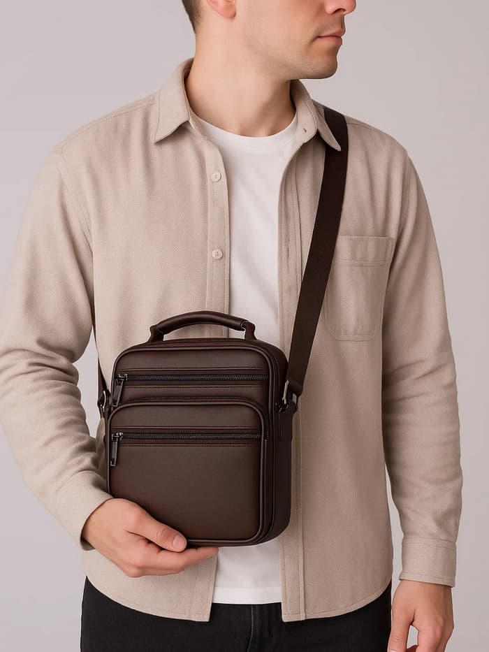 Сумка кросс-боди мужская на молнии, с ручкой, 3 наружных кармана, 17×8.5×20 см, коричневая