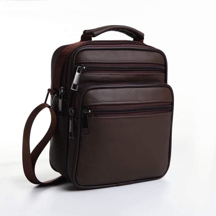 Сумка кросс-боди мужская на молнии, с ручкой, 3 наружных кармана, 17×8.5×20 см, коричневая