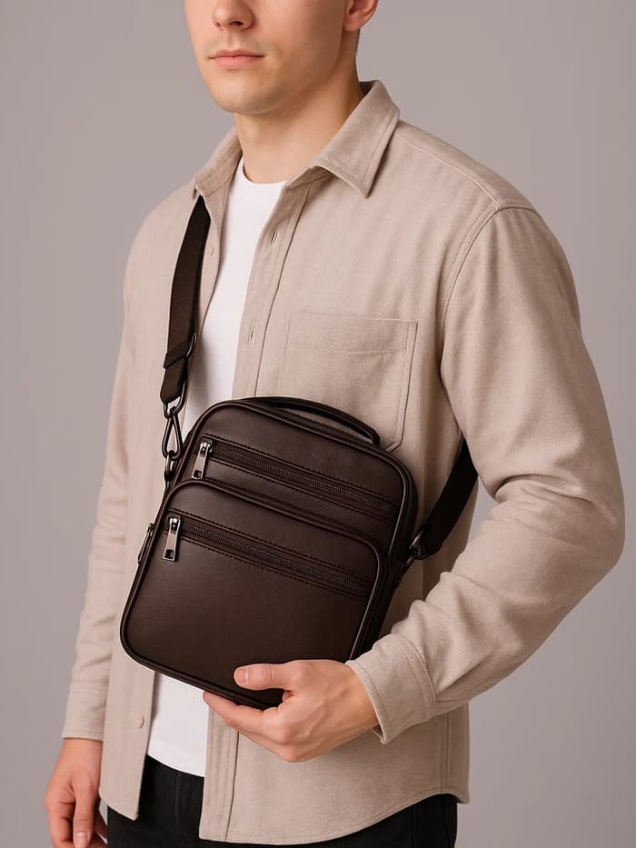 Сумка кросс-боди мужская на молнии, с ручкой, 3 наружных кармана, 18×8.5×22 см, коричневая