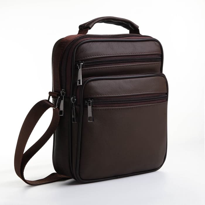 Сумка кросс-боди мужская на молнии, с ручкой, 3 наружных кармана, 18×8.5×22 см, коричневая