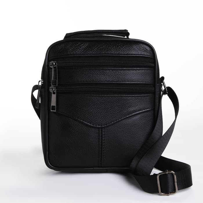 Сумка мужская, на плечо, 3 наружных кармана, с ручкой, чёрная