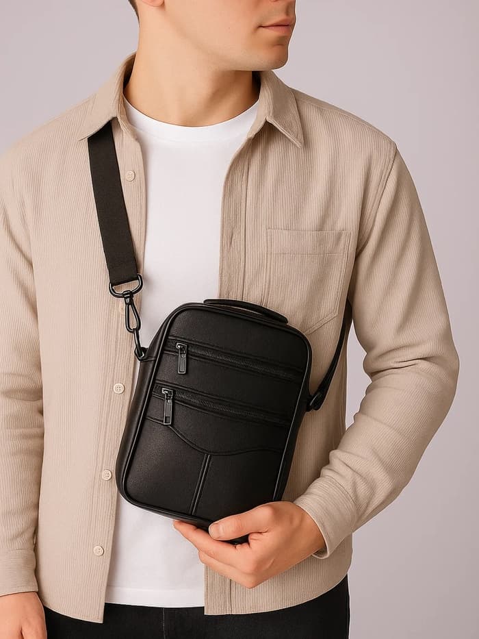 Сумка мужская, на молнии, через плечо, с длинным ремнём, прессованная кожа, 3 наружных кармана, чёрная