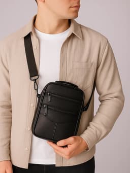 Сумка мужская, на молнии, через плечо, с длинным ремнём, прессованная кожа, 3 наружных кармана, чёрная