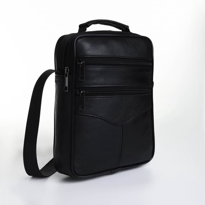 Сумка мужская, на молнии, через плечо, с длинным ремнём, прессованная кожа, 3 наружных кармана, чёрная