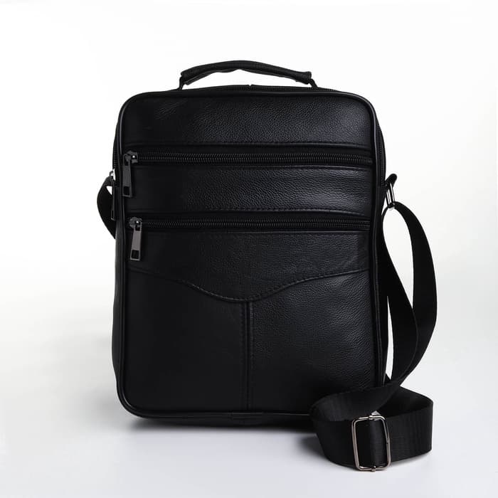 Сумка мужская, на молнии, через плечо, с длинным ремнём, прессованная кожа, 3 наружных кармана, чёрная