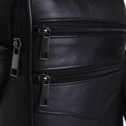 Сумка мужская, на молнии, через плечо, с длинным ремнём, прессованная кожа, 3 наружных кармана, чёрная