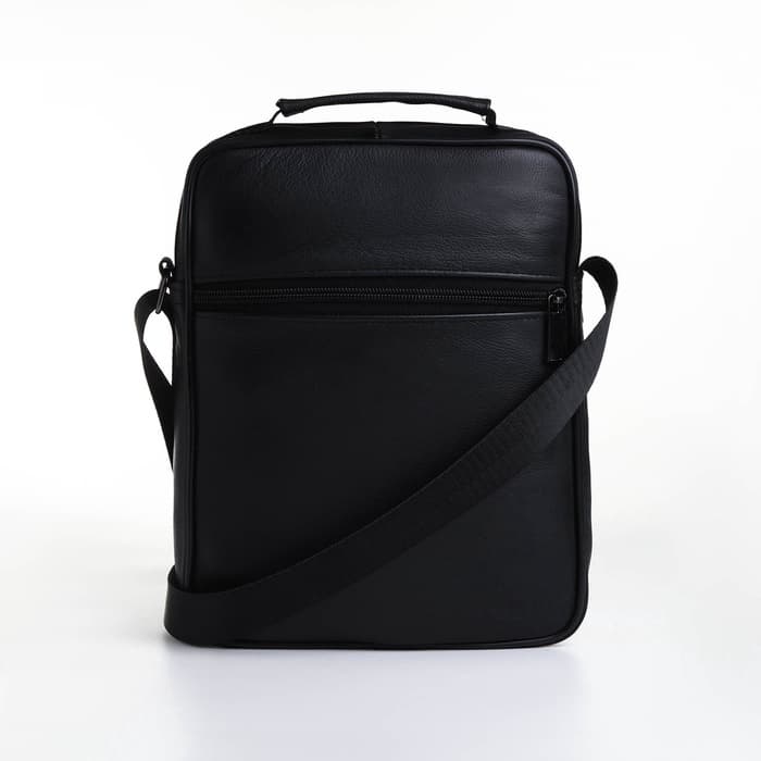 Сумка мужская, на молнии, через плечо, с длинным ремнём, прессованная кожа, 3 наружных кармана, чёрная