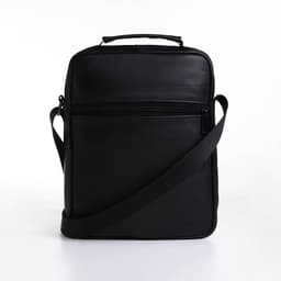 Сумка мужская, на молнии, через плечо, с длинным ремнём, прессованная кожа, 3 наружных кармана, чёрная