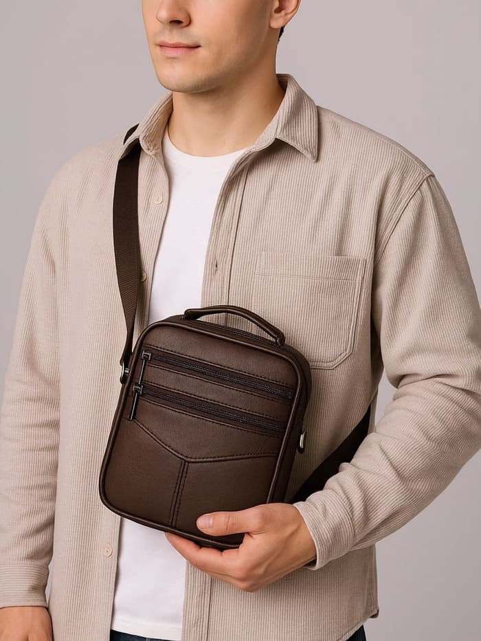 Сумка кросс-боди мужская на молнии, с ручкой, 3 наружных кармана, 17×5.5×20 см, коричневая