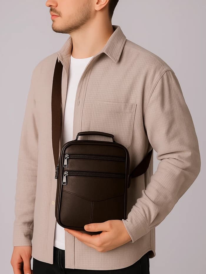 Сумка кросс-боди мужская на молнии, с ручкой, 3 наружных кармана, 18×5.5×22 см, коричневая