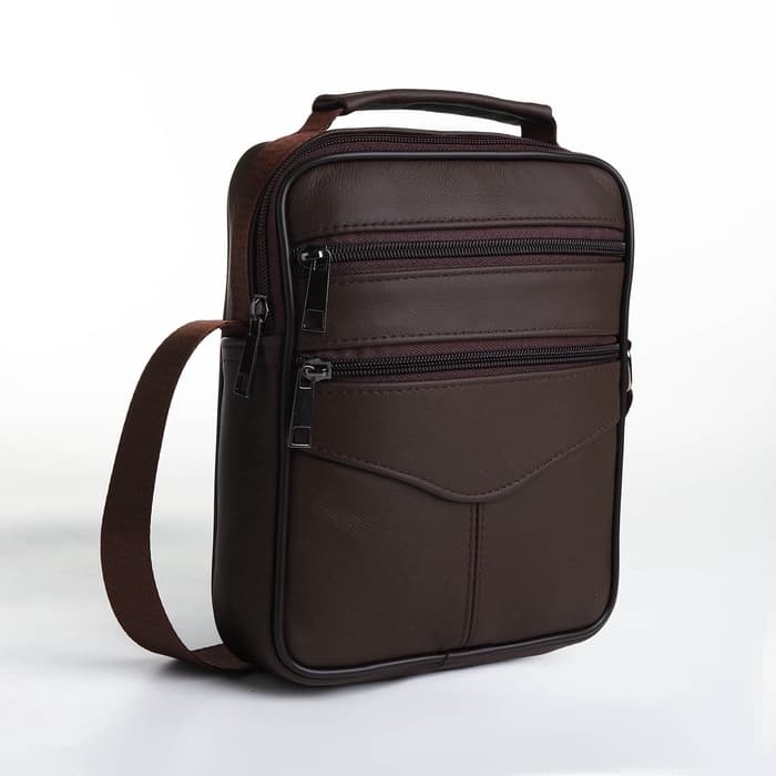 Сумка кросс-боди мужская на молнии, с ручкой, 3 наружных кармана, 18×5.5×22 см, коричневая