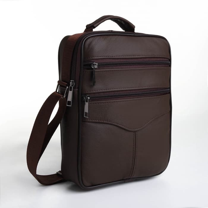 Сумка кросс-боди мужская на молнии, с ручкой, 3 наружных кармана, 19×5.5×25 см, коричневая