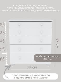 Комод пеленальный детский ИНКАНТО OSKAR V 800/5, 84×45×101 см, 5 ящиков, белый