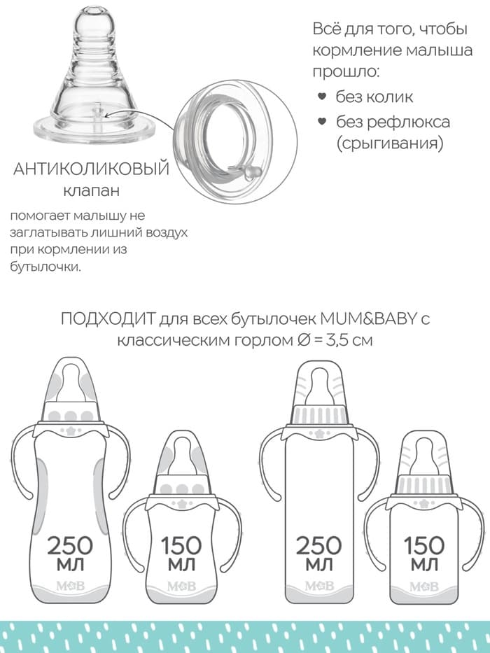 Соска на бутылочку M&B «Anti-colic», антиколиковая, классическое горло, от 0 мес., медленный поток, 2 шт.