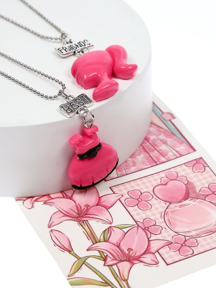 Кулоны парные «Кукла и платье», 40 см, розовые в серебре