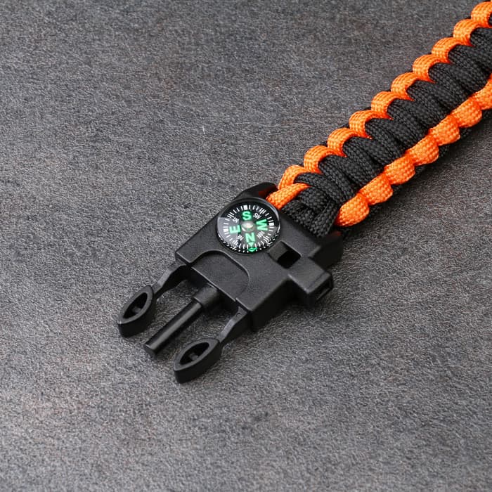 Браслет для выживания 4в1 (паракорд, компас, свисток, огниво), чёрно-оранжевый