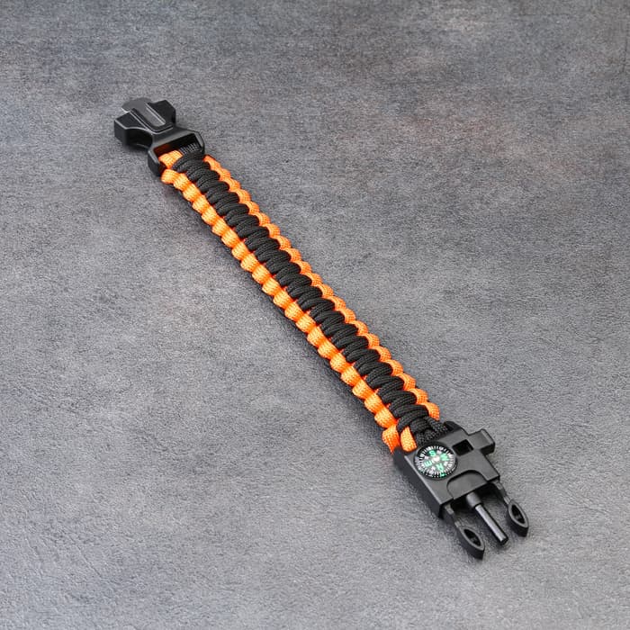 Браслет для выживания 4в1 (паракорд, компас, свисток, огниво), чёрно-оранжевый