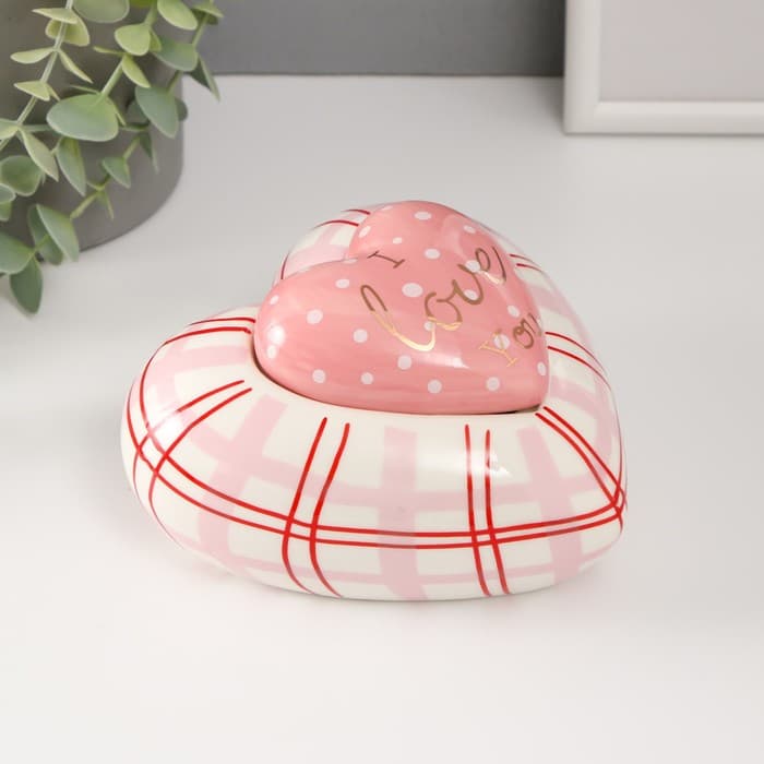 Шкатулка для украшений «Розовое сердце в горошек, в клеточку», керамика, 15.7×15.3×8.2 см